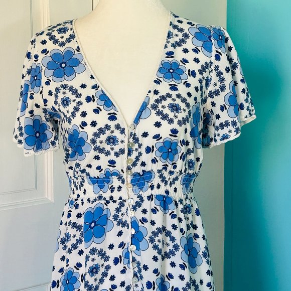 Blue & White Bold Floral Boho Summer Mini Dress (size S) - Picture 3 of 10